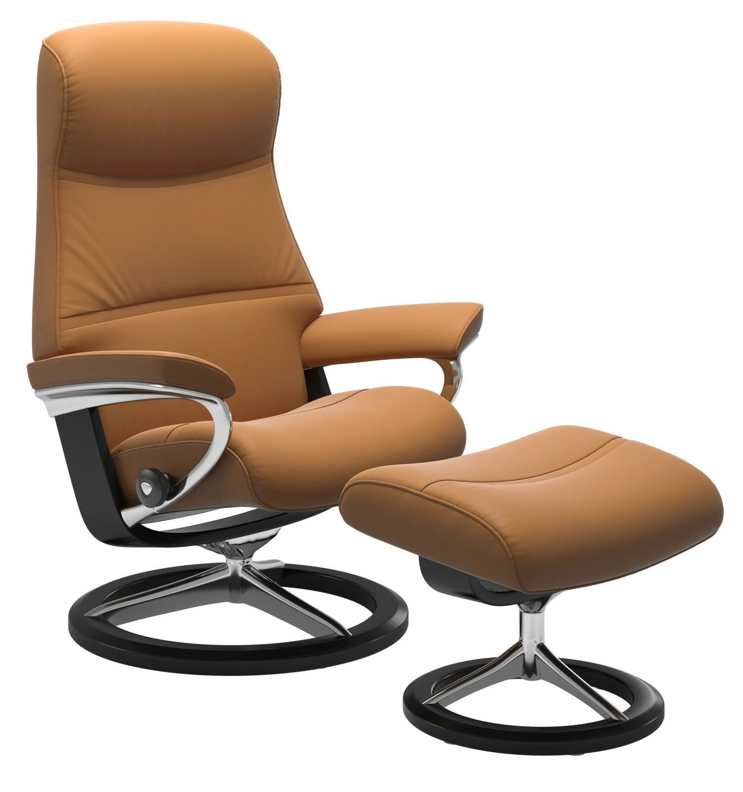 Stressless Kruk PHILIP Bequemer Stressless Hocker PHILIP in braunem Leder, seitliche Perspektive mit passendem Sessel.