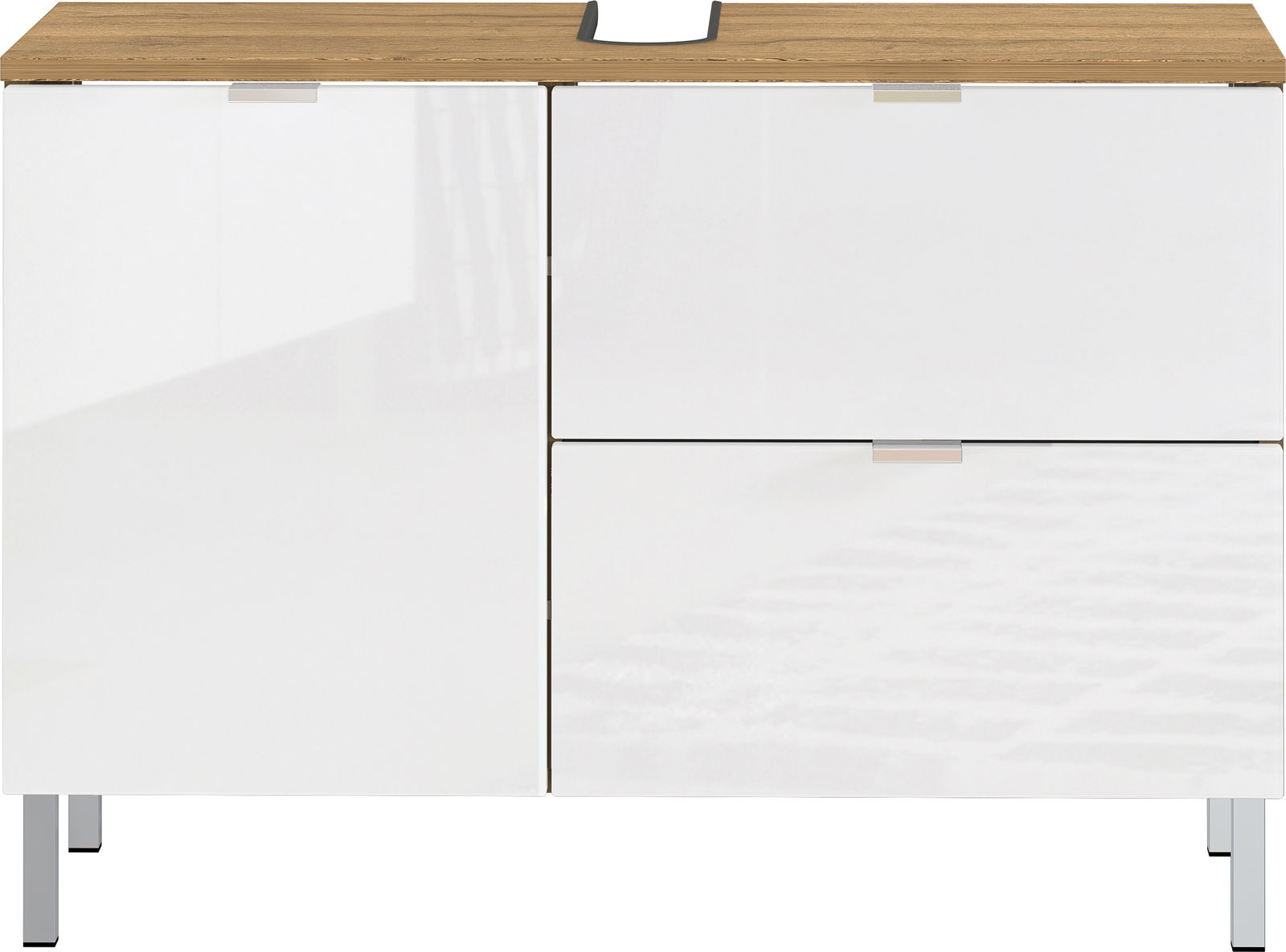 Moderner Unterschrank mit weißer Hochglanzfront und Holzoberfläche, frontal betrachtet.