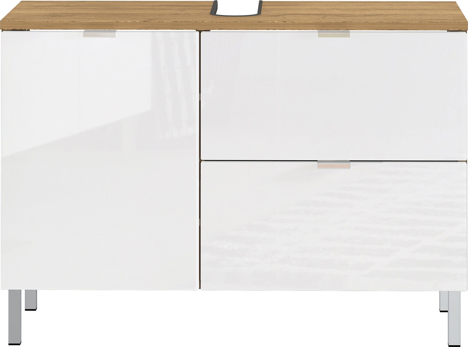 Moderner Unterschrank mit weißer Hochglanzfront und Holzoberfläche, frontal betrachtet.