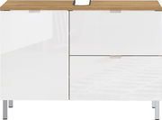 Moderner Unterschrank mit weißer Hochglanzfront und Holzoberfläche, frontal betrachtet.