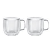 Zwei transparente Cappuccinogläser mit Henkel, seitliche Ansicht