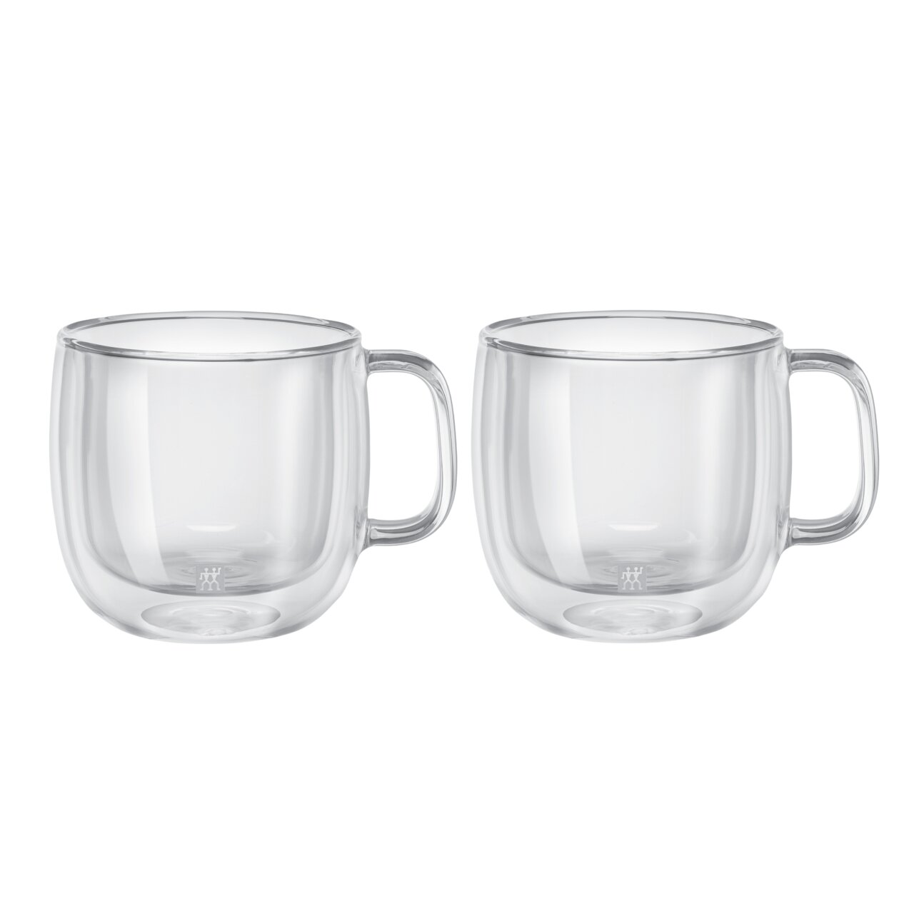 Zwei transparente Cappuccinogläser mit Henkel, seitliche Ansicht