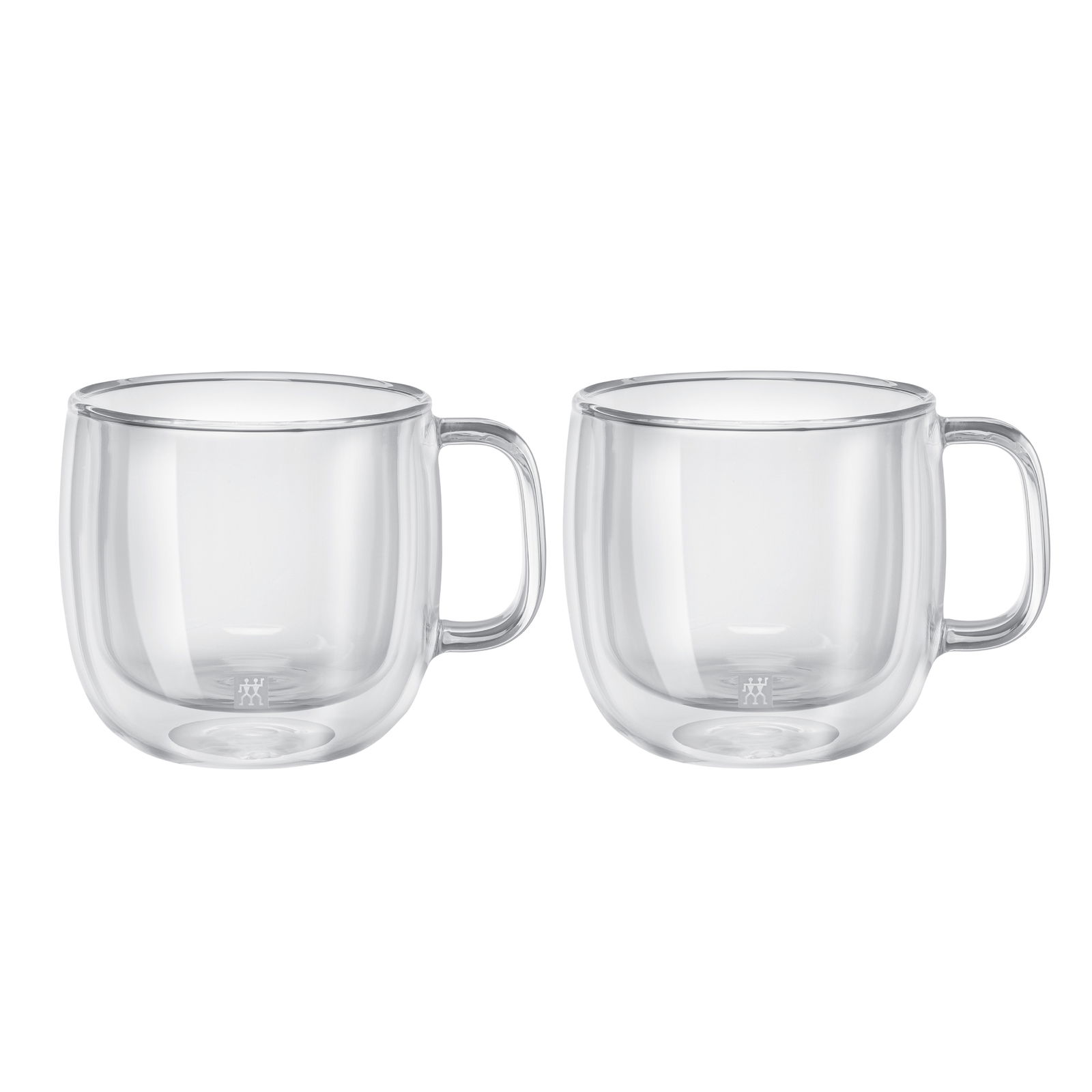 Zwei transparente Cappuccinogläser mit Henkel, seitliche Ansicht