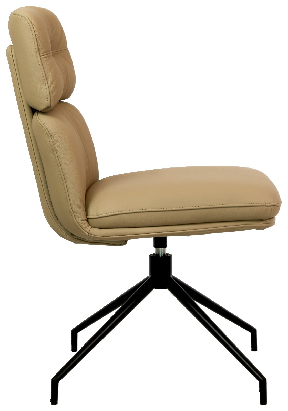 Moderne beige stoel met gestoffeerde rugleuning en zwart metalen onderstel, zijaanzicht
