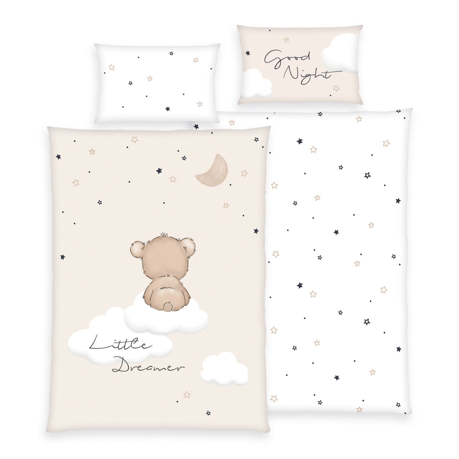 Renforcé-Bettwäsche-Set mit Bärchenmotiv und Schriftzug 'Little Dreamer', Perspektive von oben