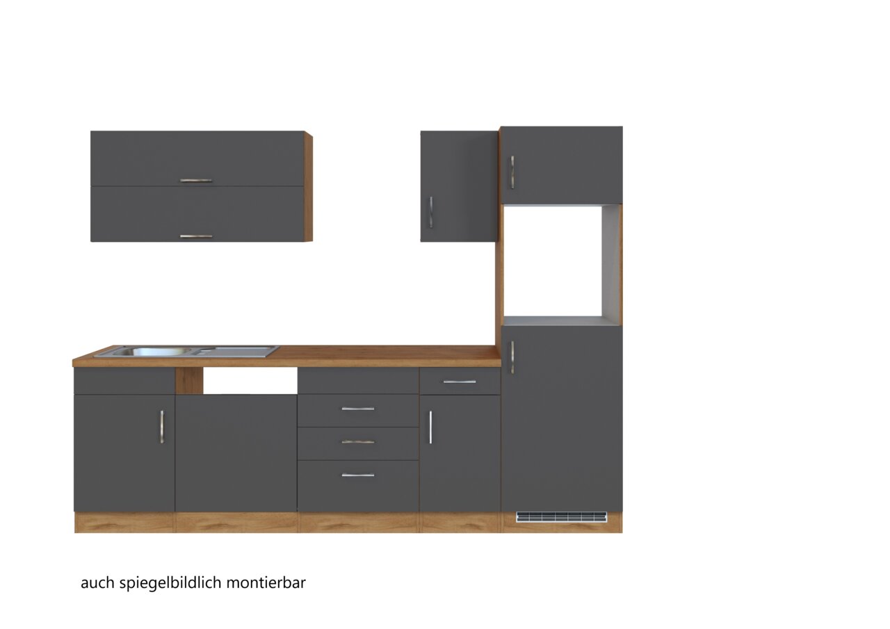 Keukenblok in grijze kleur met houten accenten, bestaande uit meerdere kasten en een werkblad met spoelbak, afgebeeld in vooraanzicht.