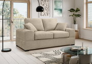 Beiges 2-Sitzer-Stoffsofa mit breiten Armlehnen und zwei Rückenkissen im modernen Wohnzimmer, frontale leicht schräge Perspektive von vorn links.