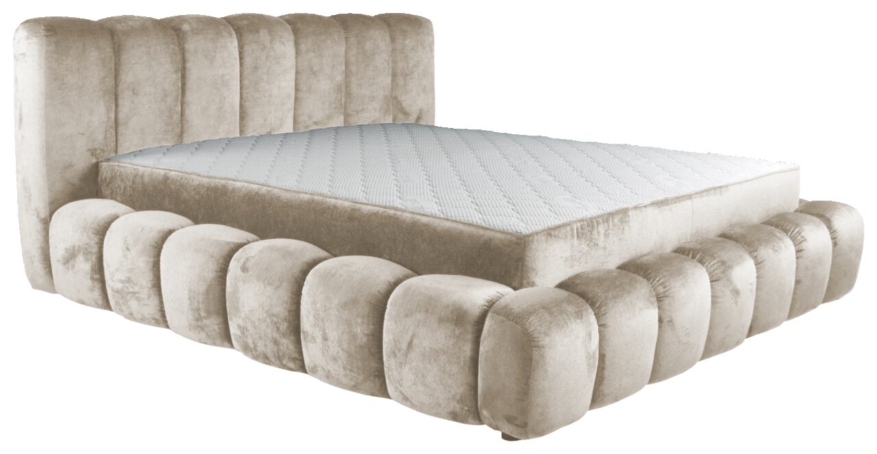Luxe gestoffeerd bed in zijaanzicht met een zacht, gestoffeerd hoofdeinde en afgeronde hoeken.