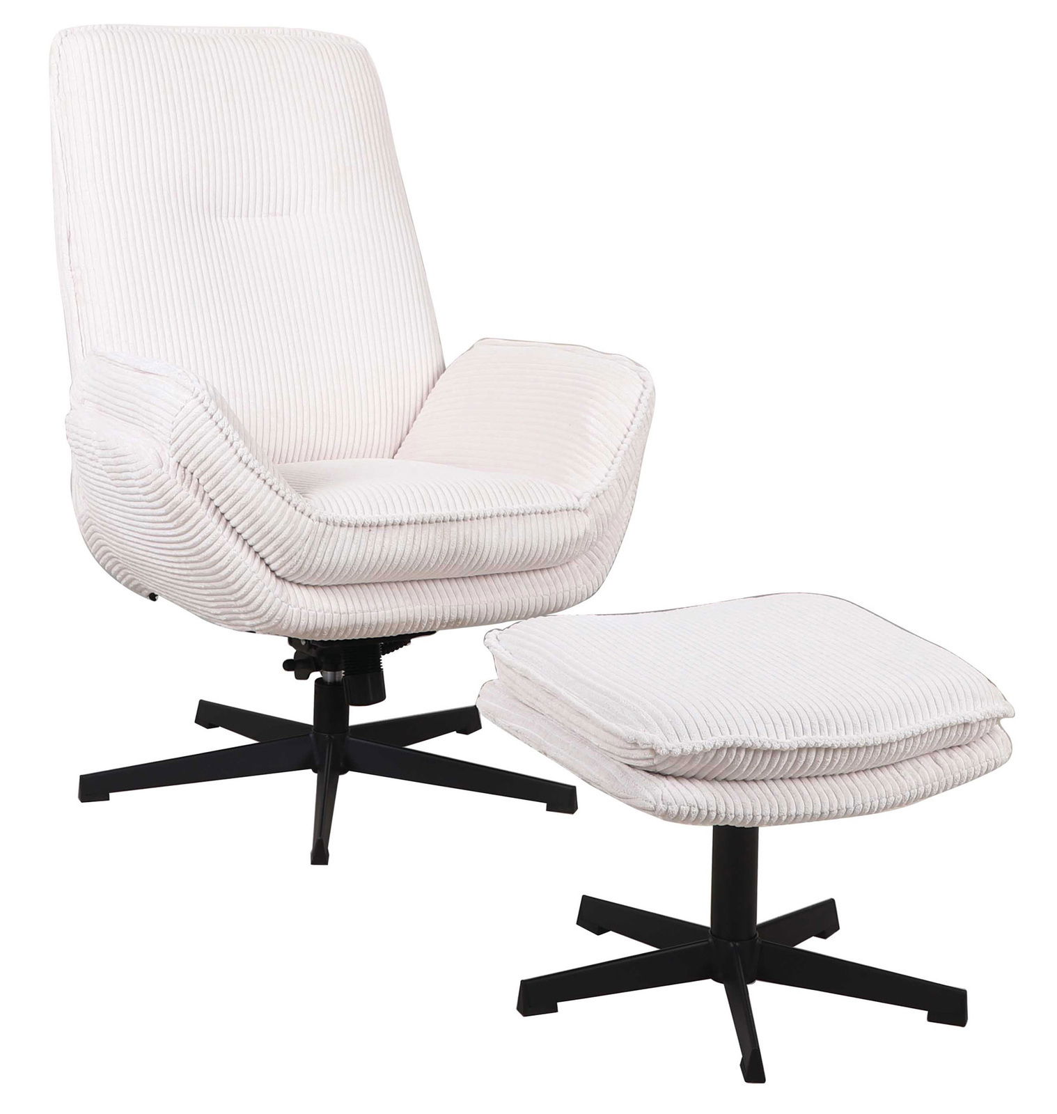 Weißer Relaxsessel mit Hocker, seitliche Perspektive, modernes Design mit schwarzem Metallfuß.