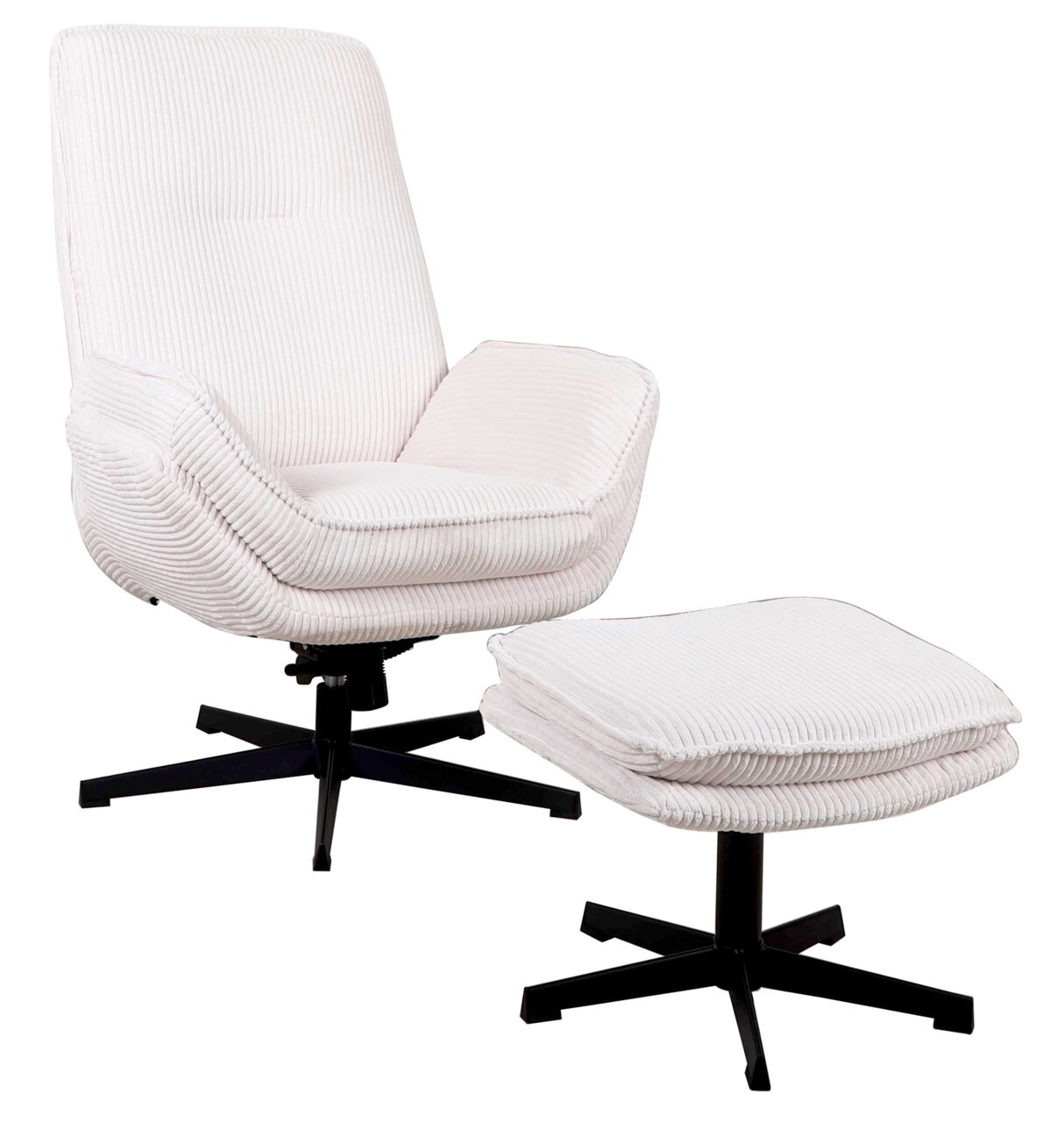 Weißer Relaxsessel mit Hocker, seitliche Perspektive, modernes Design mit schwarzem Metallfuß.