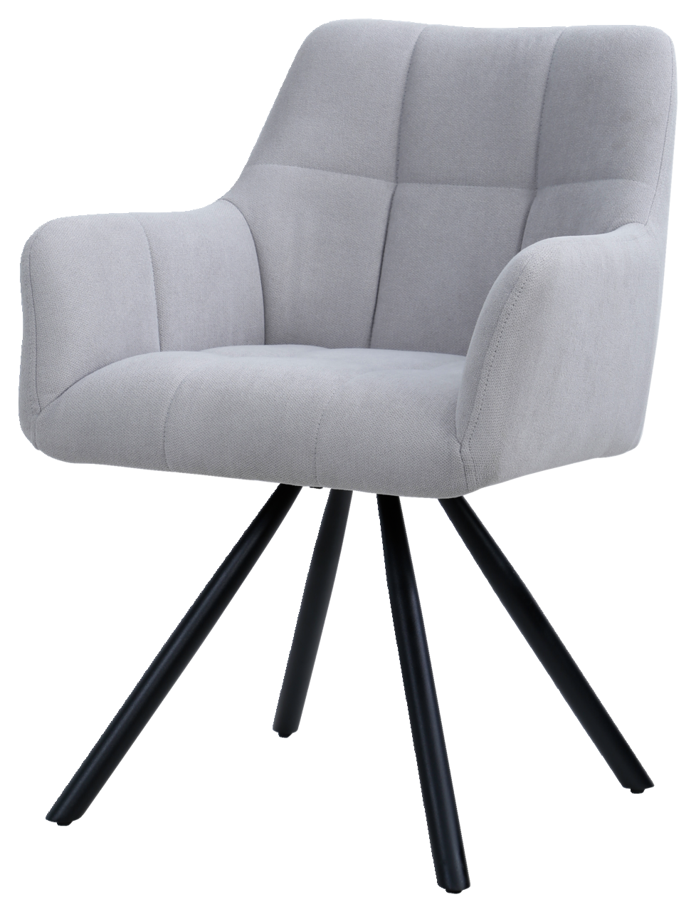 Grauer Armlehnstuhl mit gepolsterter Sitzfläche und Rückenlehne, schwarzes Metallgestell, seitliche Perspektive