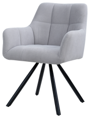 Grauer Armlehnstuhl mit gepolsterter Sitzfläche und Rückenlehne, schwarzes Metallgestell, seitliche Perspektive