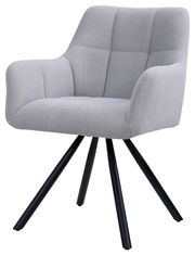 Grauer Armlehnstuhl mit gepolsterter Sitzfläche und Rückenlehne, schwarzes Metallgestell, seitliche Perspektive