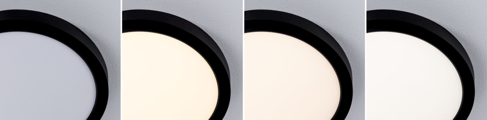 Runde LED-Deckenleuchte mit schwarzem Rahmen und diffuser Abdeckung, gezeigt in vier Lichtfarben von kaltweiß bis warmweiß, Nahaufnahme aus leicht schräger Untersicht