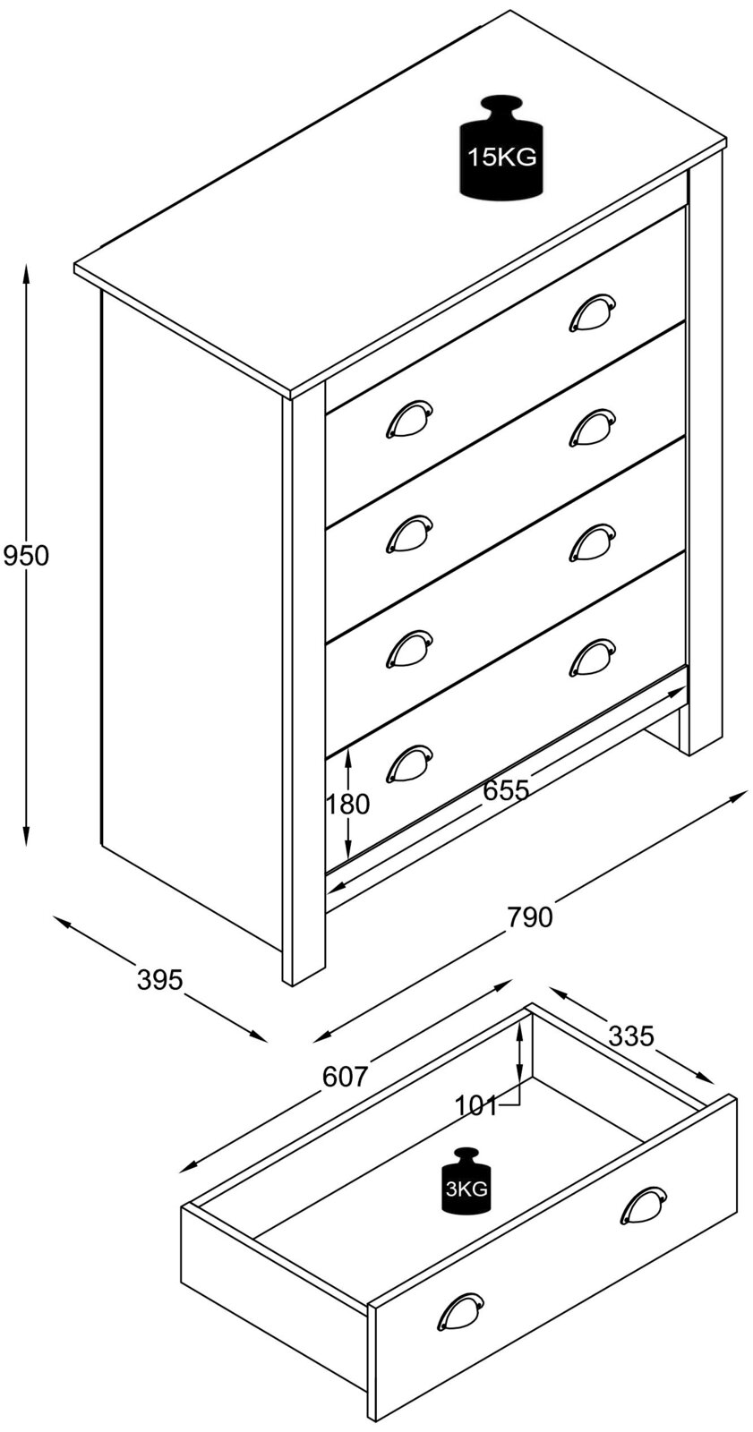 Isometrische technische Zeichnung einer weißen Kommode mit vier Schubladen und Muschelgriffen, Maße ca. 95 cm hoch, 79 cm breit und 39,5 cm tief, mit Belastbarkeit der Deckplatte 15 kg und Schublade 3 kg; Ansicht schräg von vorn oben.
