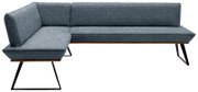 Graue Eckbank mit Stoffbezug, Metallbeinen und Holzdetails, seitliche Perspektive
