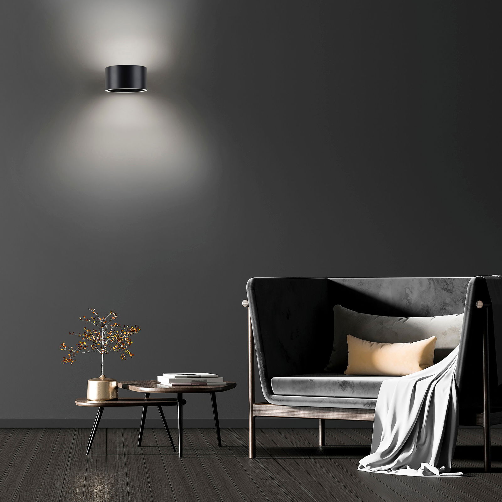 Moderne Wandleuchte PURE CLIPSE in schwarzem Design, an einer dunklen Wand montiert, mit indirekter Beleuchtung nach oben und unten, im stilvollen Wohnzimmerambiente.