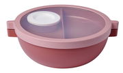 Lunchbowl in Vivid Mauve mit transparentem Deckel und integriertem Behälter, seitliche Perspektive