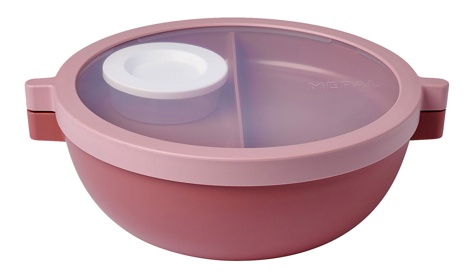 Lunchbowl in Vivid Mauve mit transparentem Deckel und integriertem Behälter, seitliche Perspektive