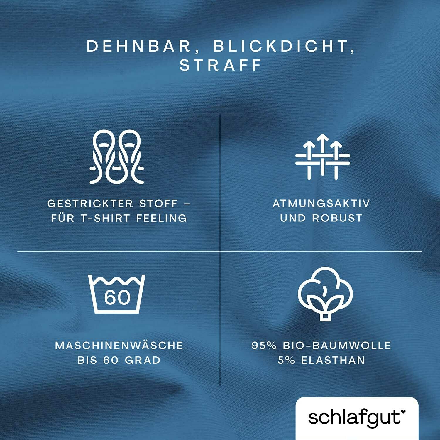 Blaues Spannbettlaken aus 95% Bio-Baumwolle und 5% Elasthan, dehnbar, blickdicht und straff. Perspektive: Nahaufnahme des Stoffes mit Textinformationen.