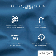 Blaues Spannbettlaken aus 95% Bio-Baumwolle und 5% Elasthan, dehnbar, blickdicht und straff. Perspektive: Nahaufnahme des Stoffes mit Textinformationen.