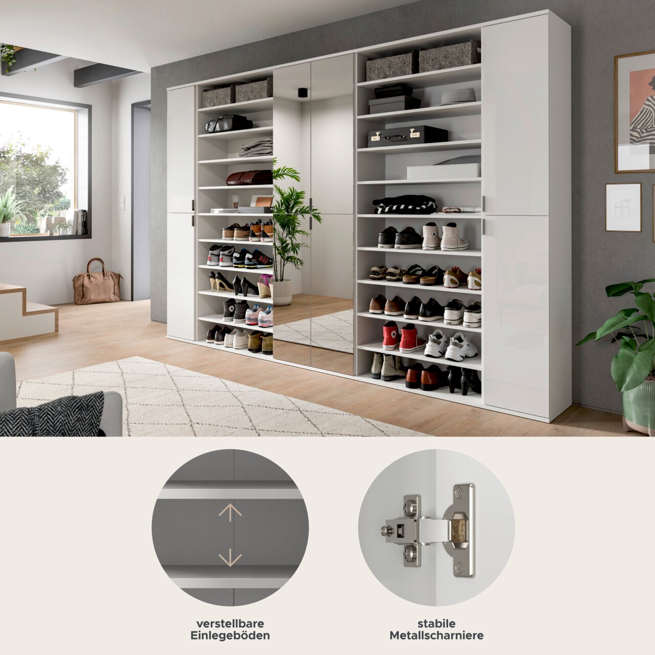 Moderne Garderobenkombination mit verstellbaren Einlegeböden und stabilen Metallscharnieren, frontal abgebildet. Enthält offene Regale für Schuhe und Accessoires sowie Spiegeltüren.