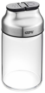 Gewürz- und Kräuterstreuer aus Glas und Edelstahl mit schwarzem Deckel, seitliche Ansicht