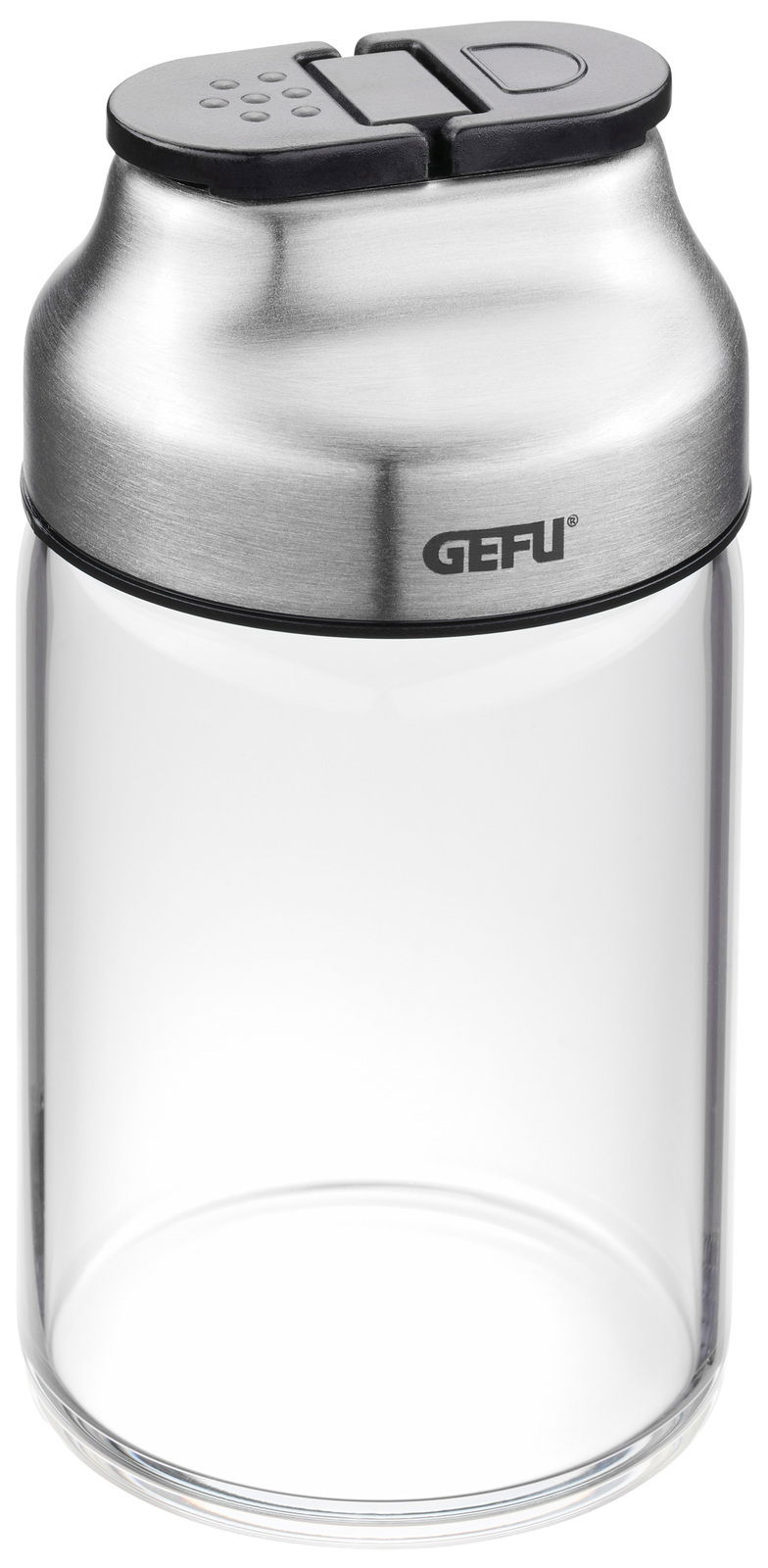 Gewürz- und Kräuterstreuer aus Glas und Edelstahl mit schwarzem Deckel, seitliche Ansicht