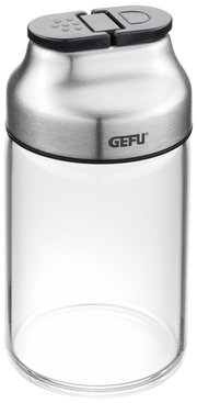 Gewürz- und Kräuterstreuer aus Glas und Edelstahl mit schwarzem Deckel, seitliche Ansicht
