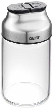 Gewürz- und Kräuterstreuer aus Glas und Edelstahl mit schwarzem Deckel, seitliche Ansicht