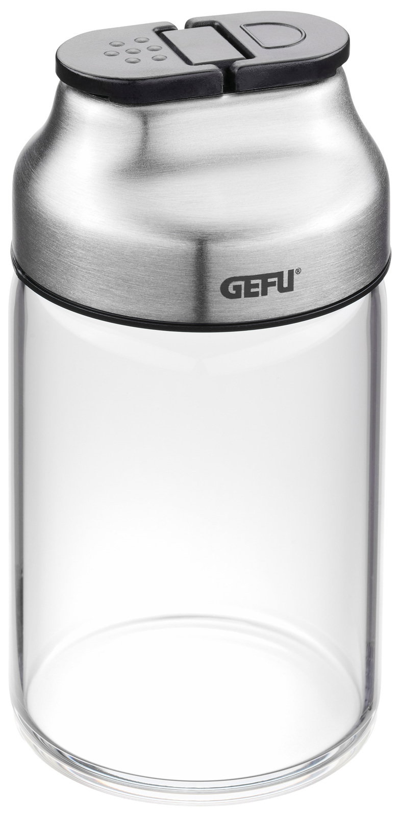 Gewürz- und Kräuterstreuer aus Glas und Edelstahl mit schwarzem Deckel, seitliche Ansicht