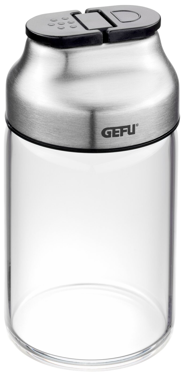 Gewürz- und Kräuterstreuer aus Glas und Edelstahl mit schwarzem Deckel, seitliche Ansicht