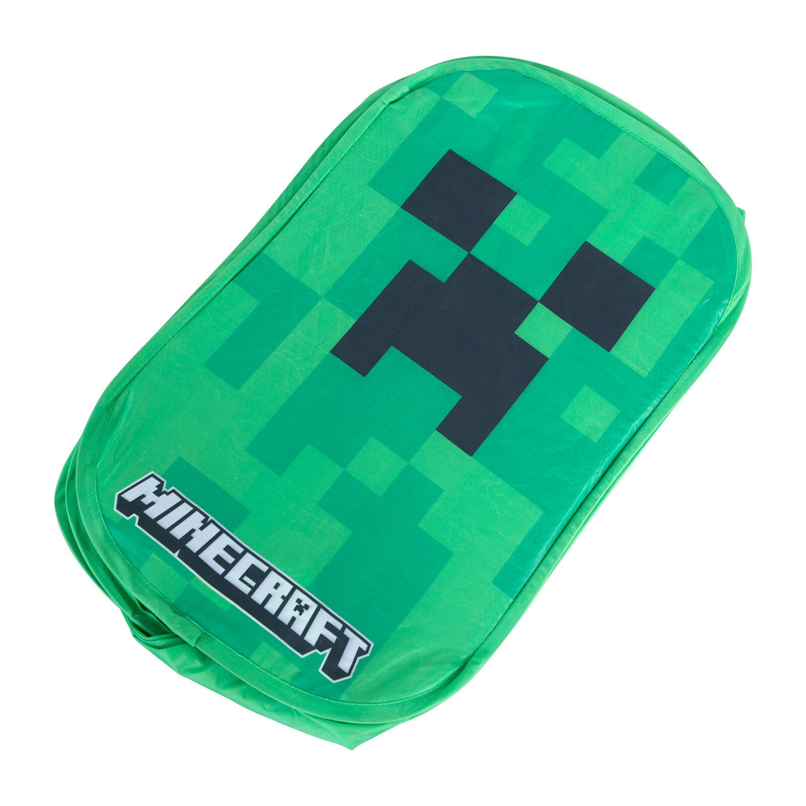 Grüner Minecraft-Rucksack mit Creeper-Gesicht und Minecraft-Logo, schräg von oben in Frontansicht fotografiert
