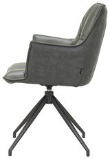 Moderner Sessel in Seitenansicht mit schwarzem Metallgestell und grauem Polster.