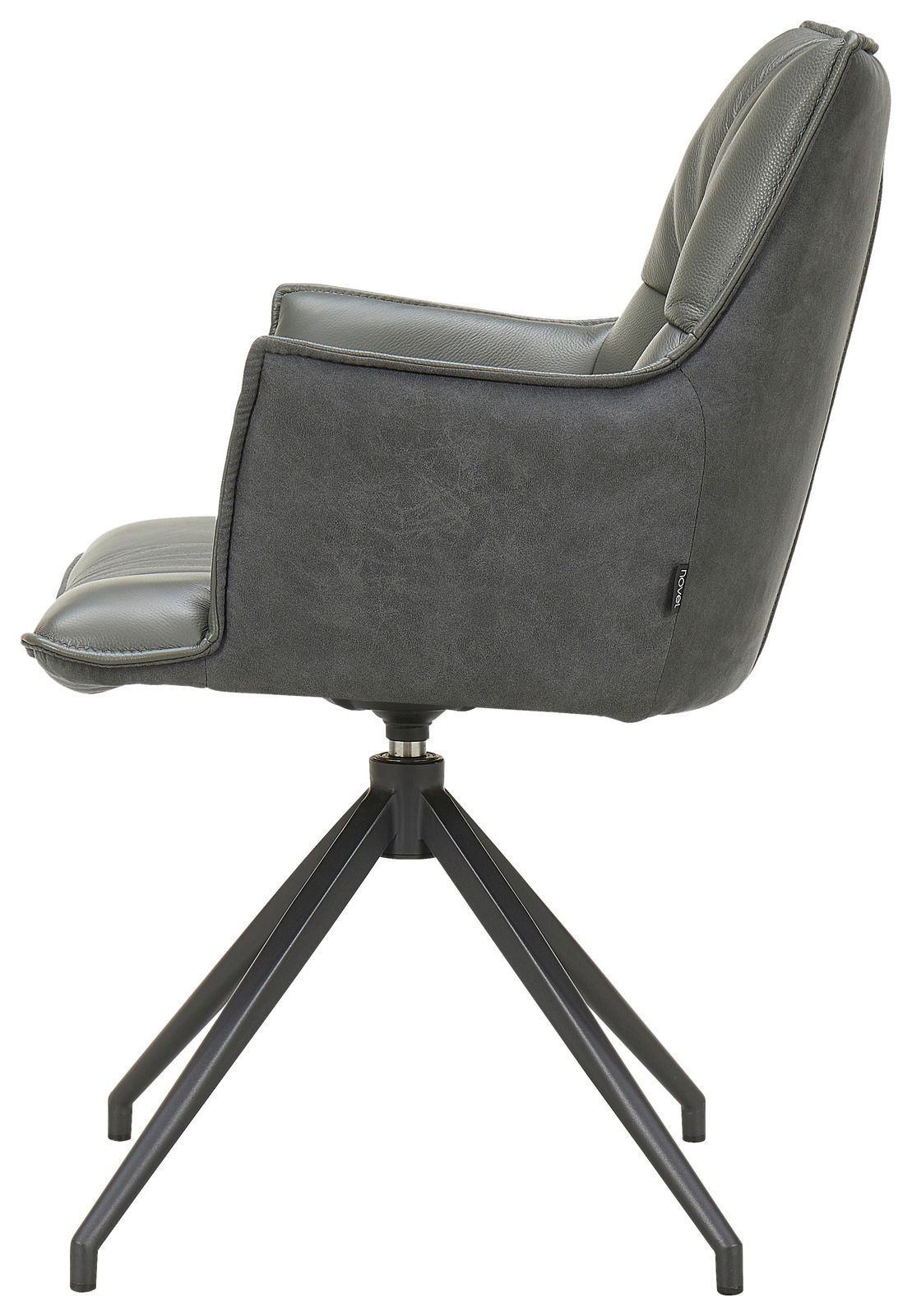 Moderner Sessel in Seitenansicht mit schwarzem Metallgestell und grauem Polster.