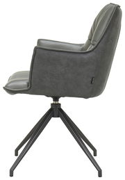 Moderner Sessel in Seitenansicht mit schwarzem Metallgestell und grauem Polster.