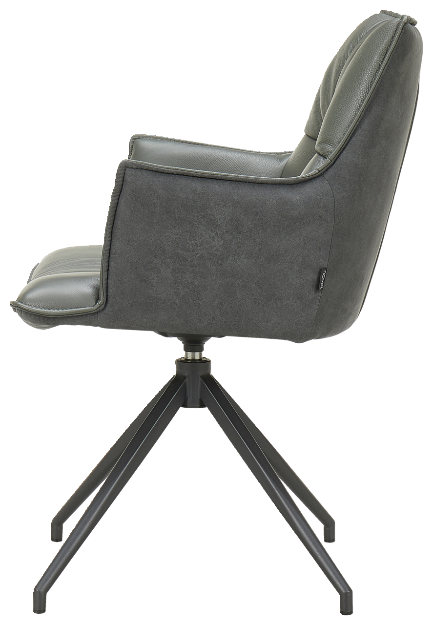 Moderner Sessel in Seitenansicht mit schwarzem Metallgestell und grauem Polster.