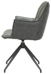 Moderner Sessel in Seitenansicht mit schwarzem Metallgestell und grauem Polster.