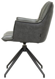 Moderner Sessel in Seitenansicht mit schwarzem Metallgestell und grauem Polster.