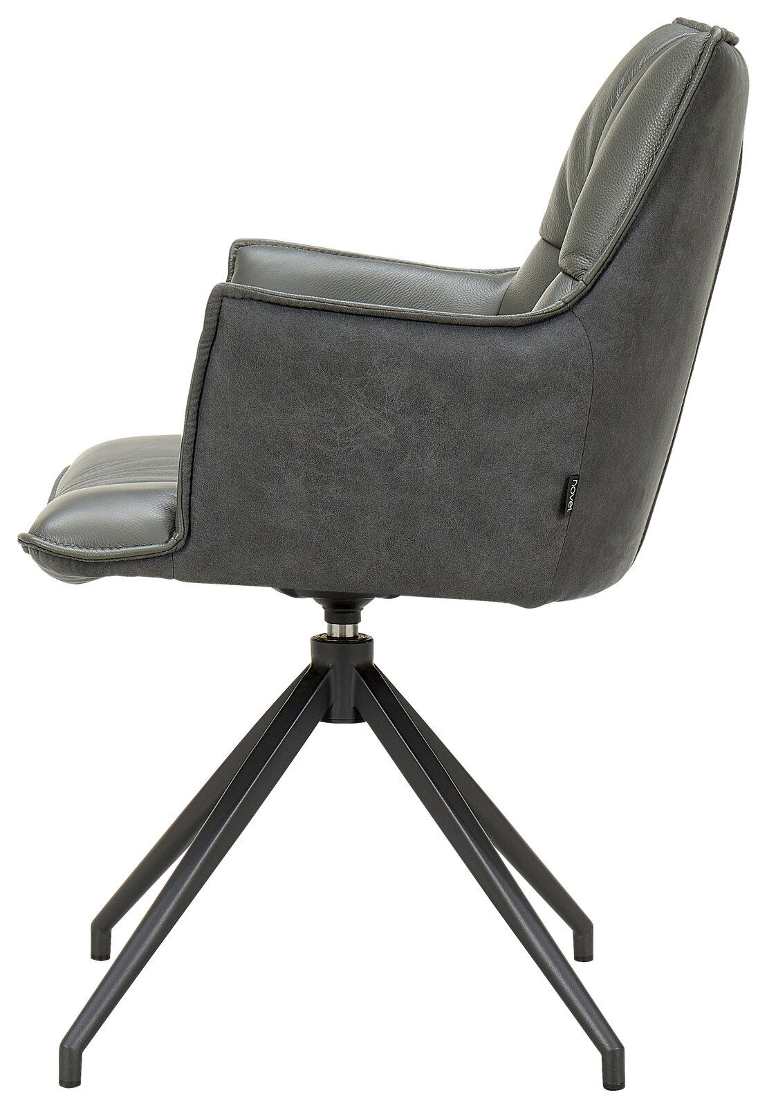 Moderner Sessel in Seitenansicht mit schwarzem Metallgestell und grauem Polster.