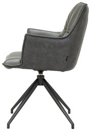 Moderner Sessel in Seitenansicht mit schwarzem Metallgestell und grauem Polster.