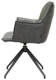 Moderner Sessel in Seitenansicht mit schwarzem Metallgestell und grauem Polster.