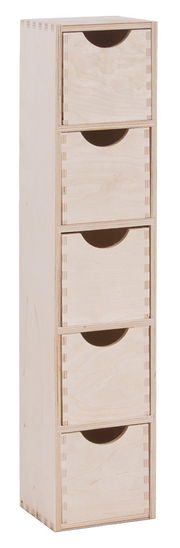 Schubladenelement mit fünf Schubladen aus hellem Holz, perspektivisch von vorne links fotografiert.