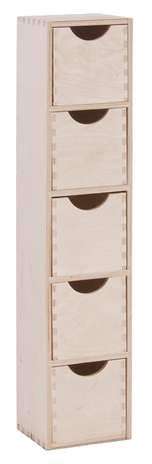 Schubladenelement mit fünf Schubladen aus hellem Holz, perspektivisch von vorne links fotografiert.