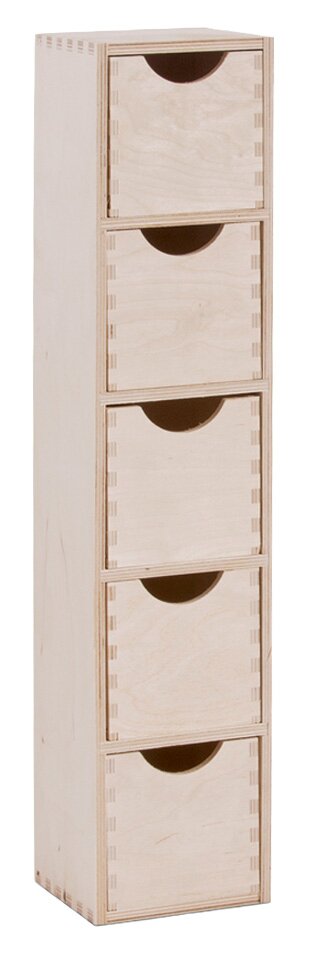 Schubladenelement mit fünf Schubladen aus hellem Holz, perspektivisch von vorne links fotografiert.