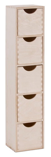 Schubladenelement mit fünf Schubladen aus hellem Holz, perspektivisch von vorne links fotografiert.