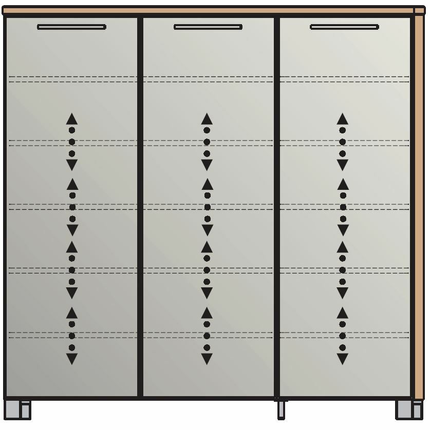 Frontansicht eines XL-Schuhschranks mit drei Türen und modernem Design.
