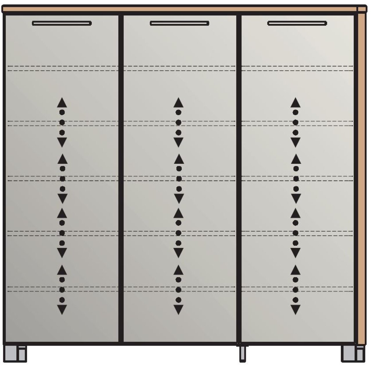 Frontansicht eines XL-Schuhschranks mit drei Türen und modernem Design.