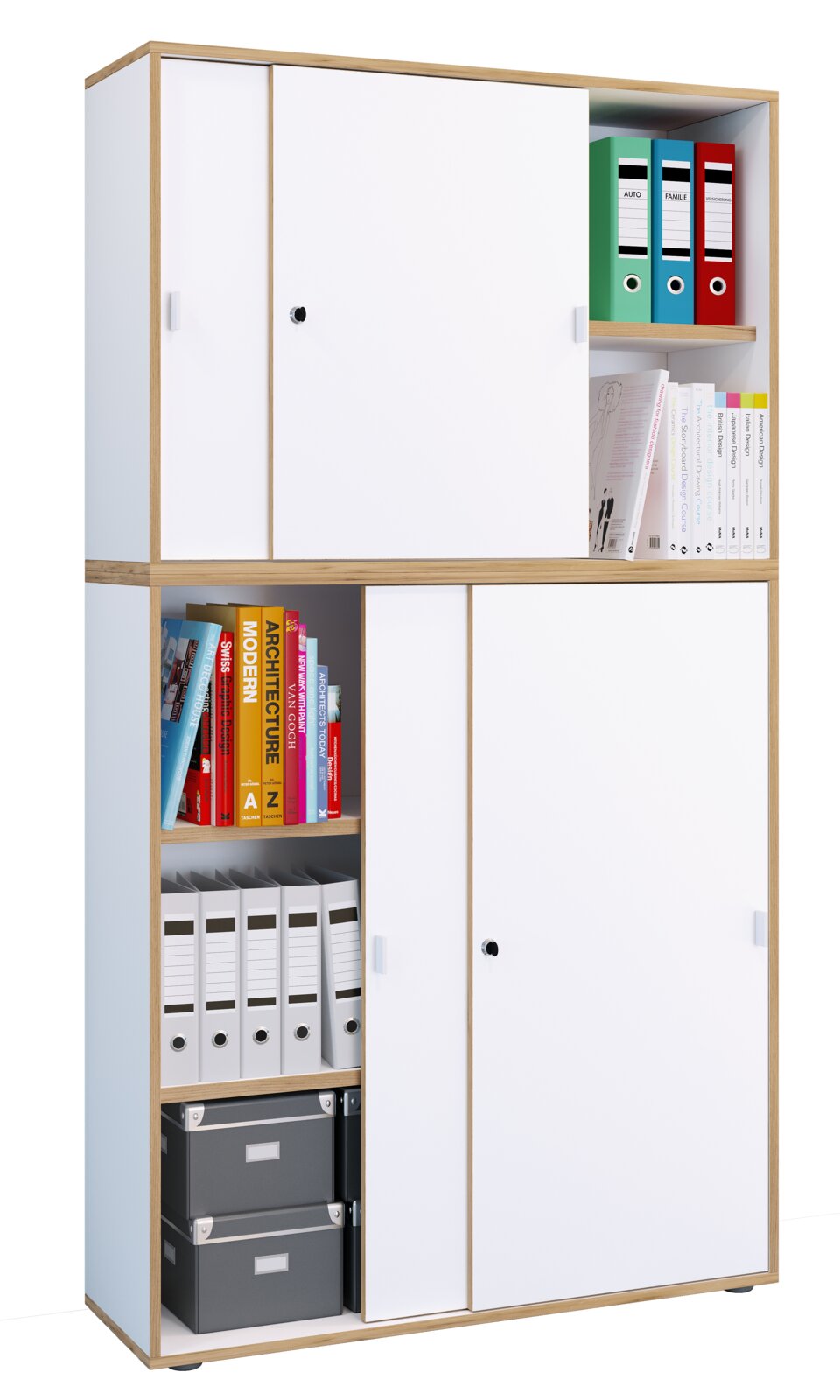 Zweiteiliges Büroregal/Schrank in Weiß mit Holzrahmen, Schiebetüren und offenen Fächern mit Ordnern und Büchern, in frontaler leicht schräger Perspektive von links dargestellt