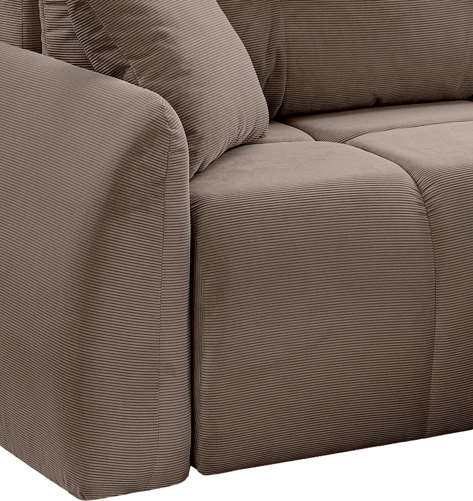 Nahaufnahme eines Eckschlafsofas in braunem Stoff, Ansicht von der Seite mit sichtbarer Armlehne und Sitzfläche.